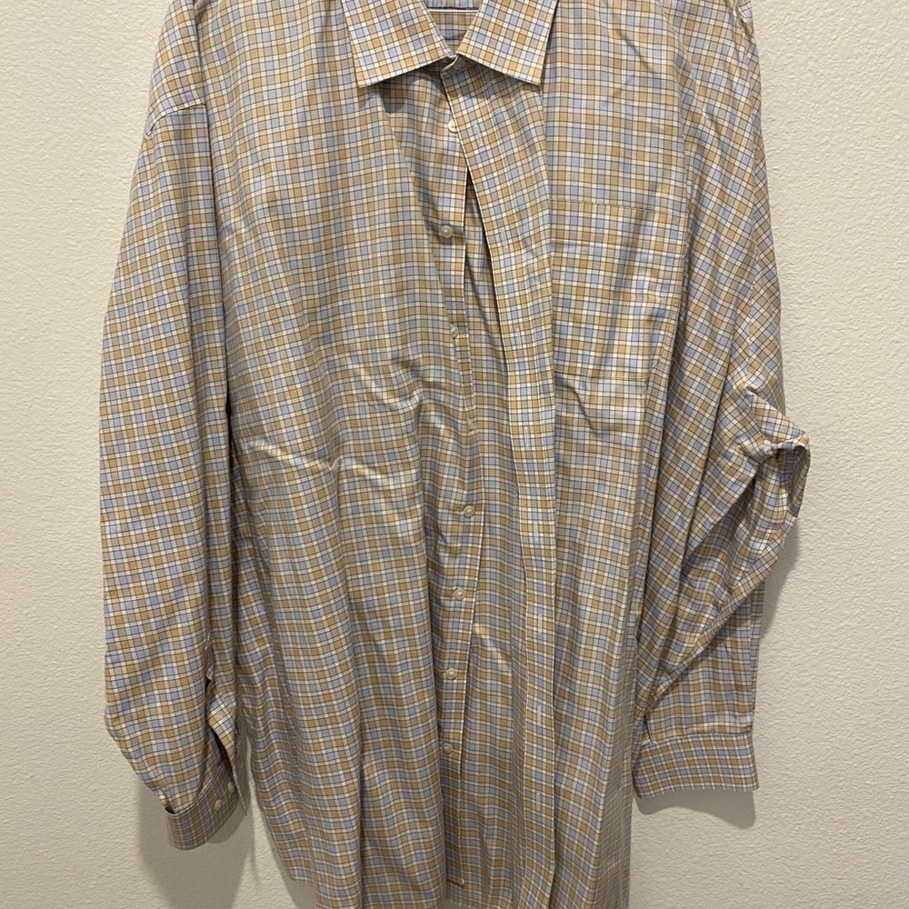 Men's Beige and Blue Plaid Shirt